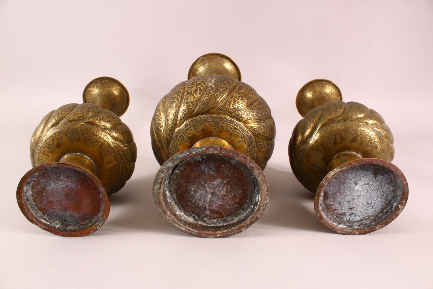 THREE PERSIAN ISLAMIC CALLIGRAPHIC BRASS VASES, each with calligraphy and motif decoration, 43cm , - Image 9 of 9