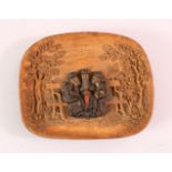 A SMALL JEWISH TERRACOTTA FIGURAL DISH, depicting three seated figures, 17cm x 14cm