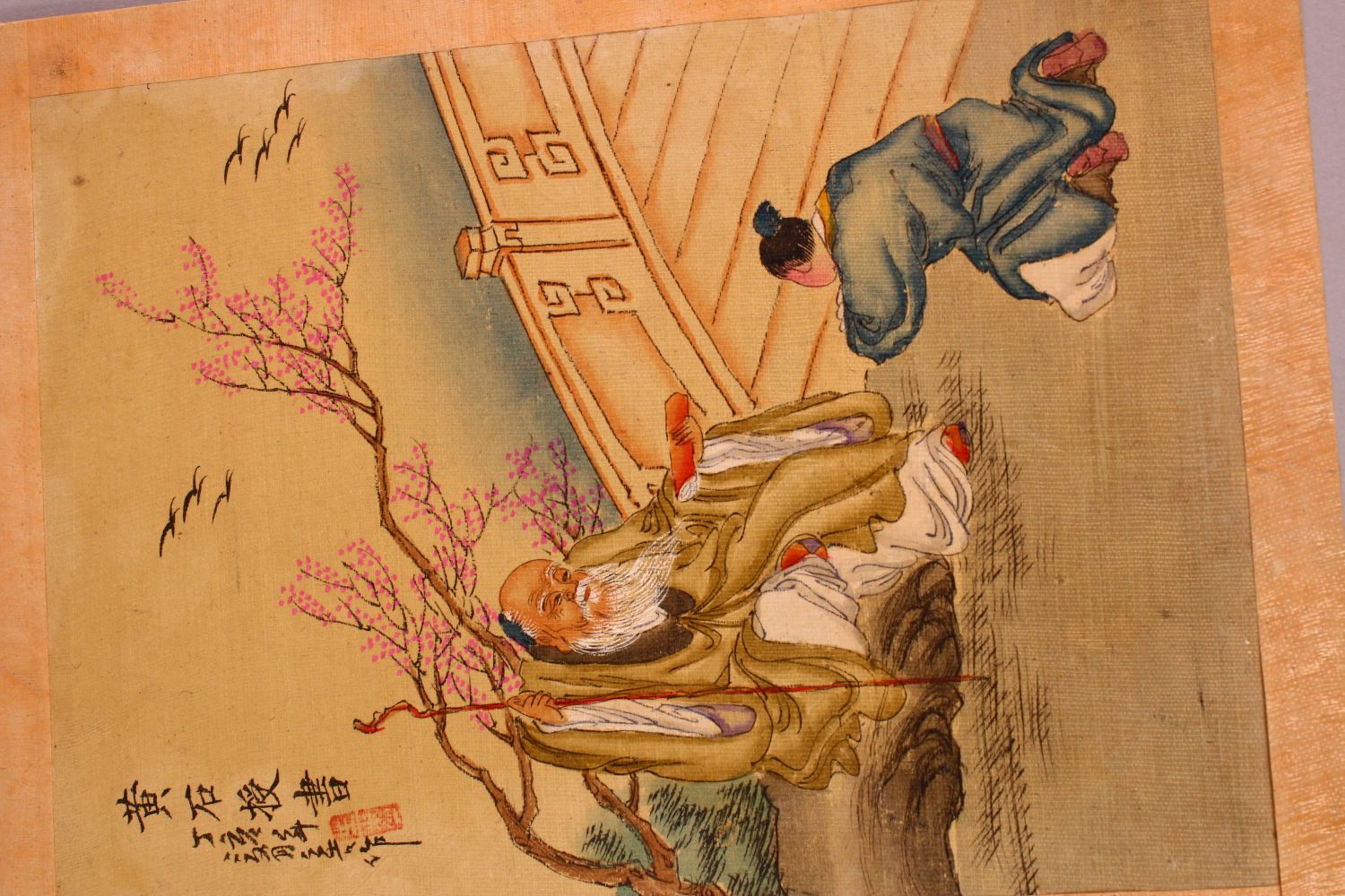 A COLLECTION OF FIVE CHINESE PAINTINGS ON PAPER, depicting scholars, birds, and a figure on a - Image 4 of 7