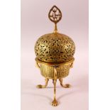 A SYRIAN THREE PIECE BRASS OPENWORK INCENSE BURNER, with calligraphic top and bands at the base,