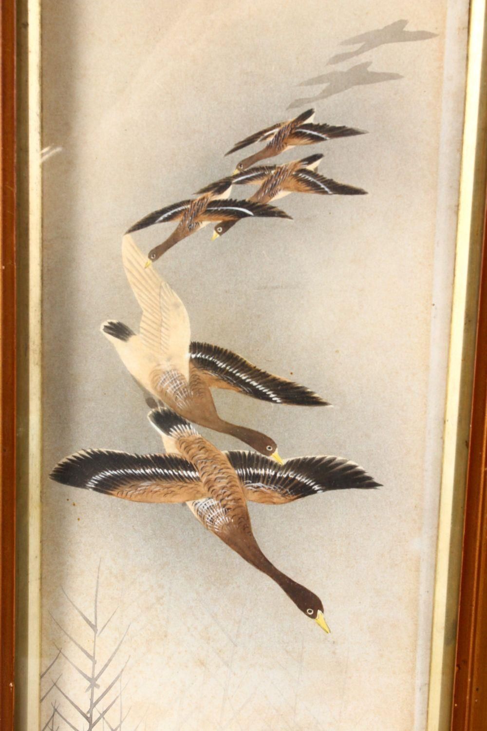 A PAIR OF JAPANESE HAND COLOURED WOODBLOCK PRINTS BY HANA - each scene depicting geese in flight - Image 4 of 5