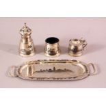 AN IRAQI SILVER AND NIELLO THREE PIECE CRUET SET AND STAND, combined weight excluding liner 160g.