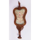 A CHINESE LATE QING DYNASTY CARVED WOOD FAN / RUYI SHAPED PANEL & EMBROIDERED SILK - the shaped