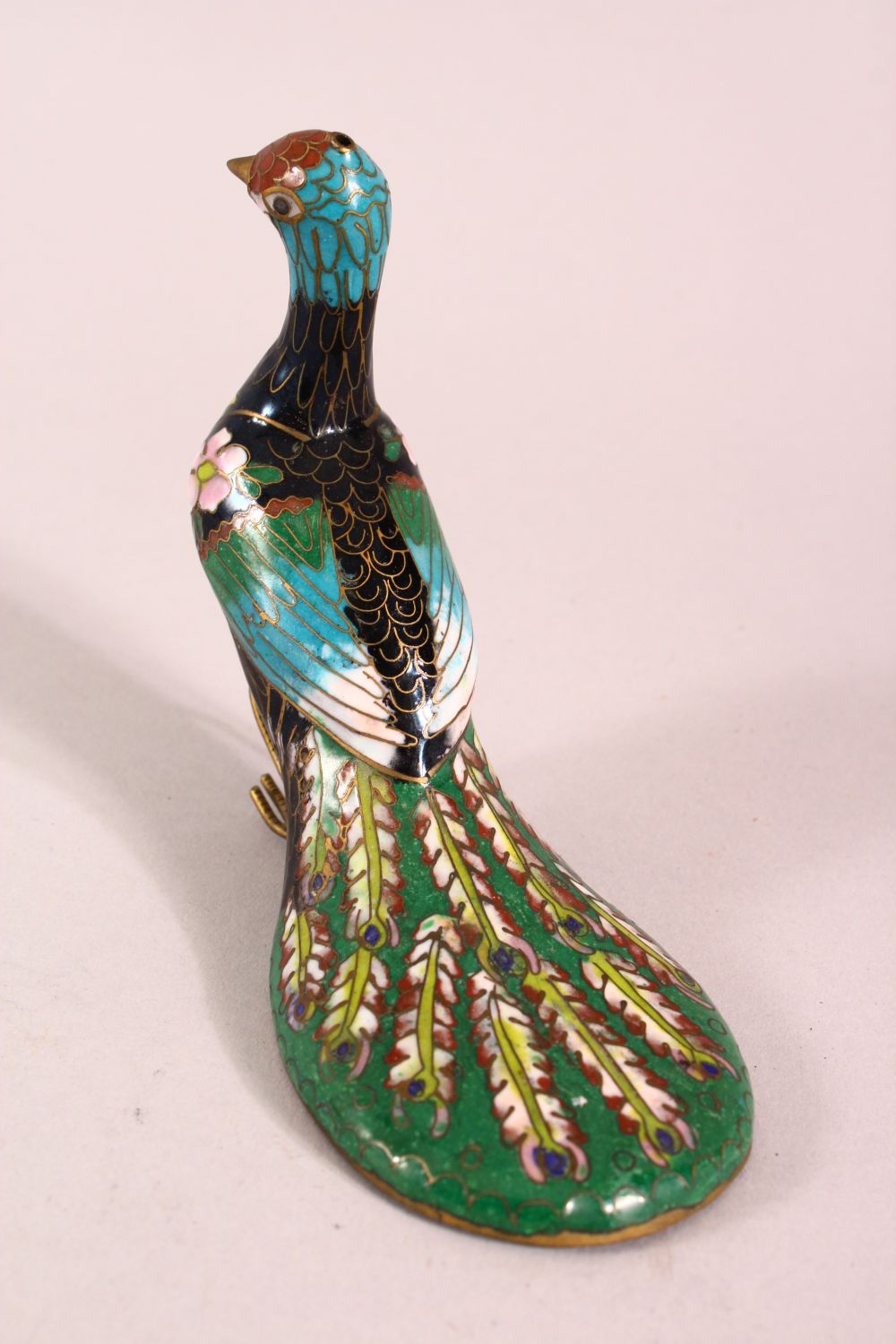 A CHINESE CLOISONNE ENAMEL MODEL OF A PEACOCK, 12cm. - Image 4 of 7