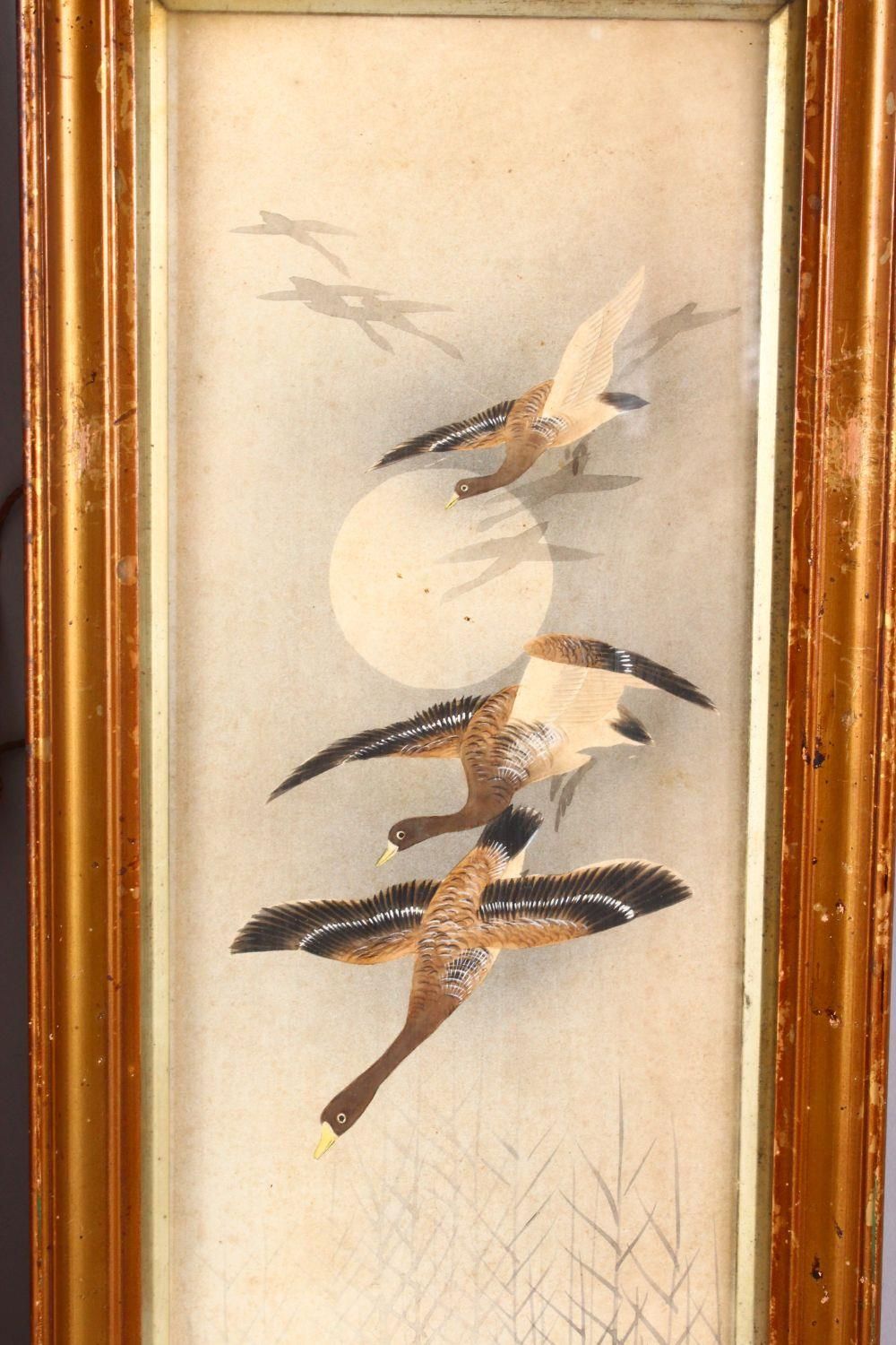 A PAIR OF JAPANESE HAND COLOURED WOODBLOCK PRINTS BY HANA - each scene depicting geese in flight - Image 2 of 5