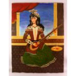 A LARGE PERSIAN OIL ON CANVAS - depicting a female with an instrument, 122cm x 90cm