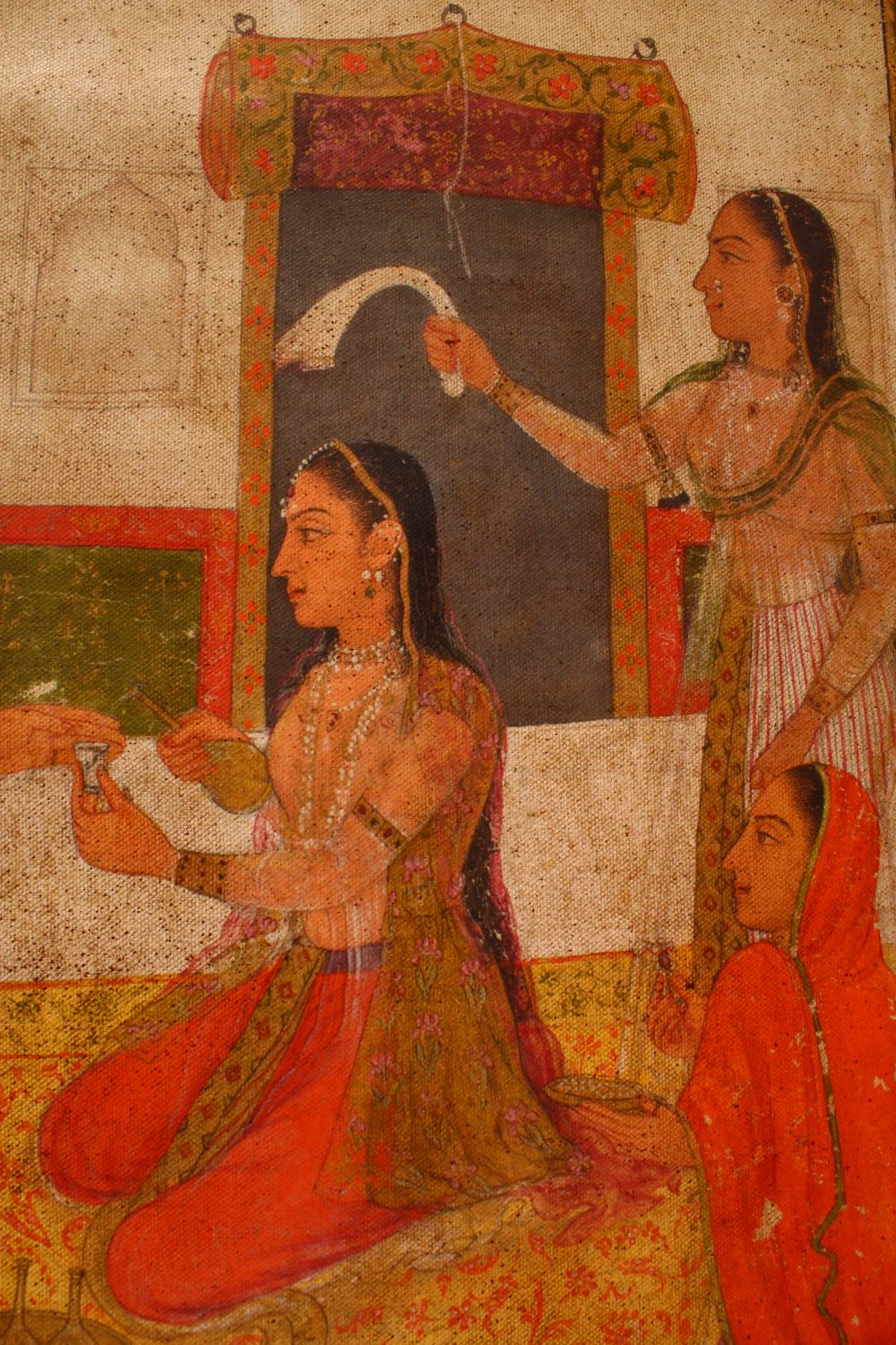 AN INDIAN PAINTING ON CANVASS OF PRINCE AND ATTENDANTS, seated in the garden having a picnic, 83cm x - Image 3 of 8