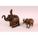 AN 18TH/19TH CENTURY INDIAN BRONZE ELEPHANT AND MAHOUT, together with another bronze elephant,