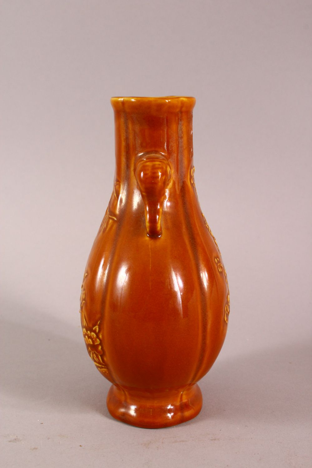 A CHINESE YELLOW GLAZED BAMBOO TWIN HANDLE VASE, the base with a seal mark, 16cm high - Image 4 of 6