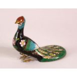 A CHINESE CLOISONNE ENAMEL MODEL OF A PEACOCK, 12cm.