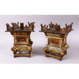 A PAIR OF CHINESE GILT BRONZE & PAINTED GLASS CANDLESTICKS, with gilt bronze openwork decoration,
