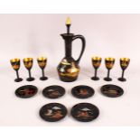 A SET OF CHINESE LACQUER WARE CUPS & EWER, comprising 6 cups and saucers and one pot, each with