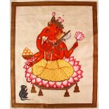 A INDIAN SILK PAINTING OF GANESH / DEITY, 55cm x 45cm