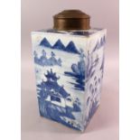 A LARGE CHINESE 18TH / 19TH CENTURY CHINESE BLUE & WHITE CADDY, decorated with landscape views, with