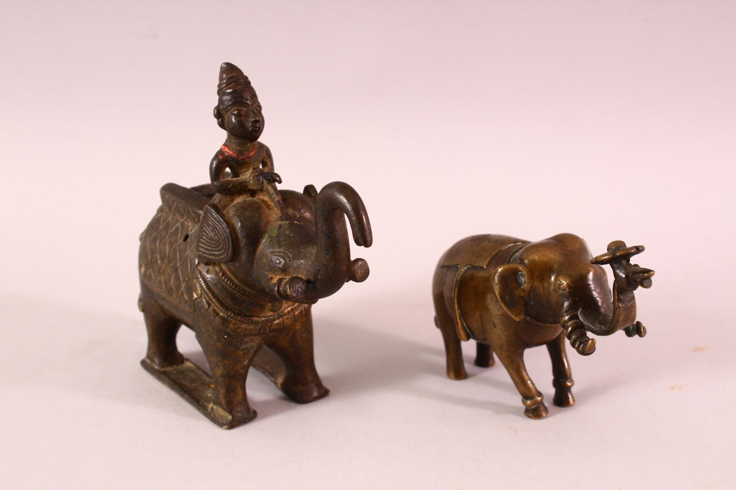 AN 18TH/19TH CENTURY INDIAN BRONZE ELEPHANT AND MAHOUT, together with another bronze elephant, - Image 2 of 6