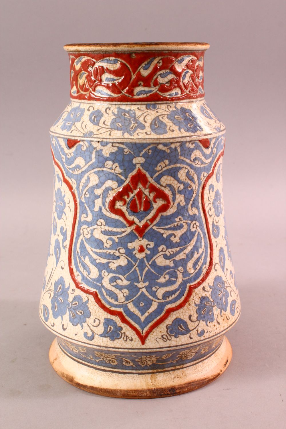 A FRENCH POTTERY IZNIK STYLE POTTERY VASE, with a hite ground and sy blue decoration with floral - Image 2 of 6
