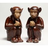 A PAIR OF CHINESE POTTERY SEATED MONKEYS, 6.5ins.