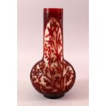 A 19TH CENTURY CHINESE CARVED RED OVERLAY GLASS VASE, the overlay red depicting flora and foliage