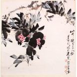 A CHINESE SCROLL PAINTING OF A DISPLAY OF FLORA, the painting on paper depicting a colourful spray