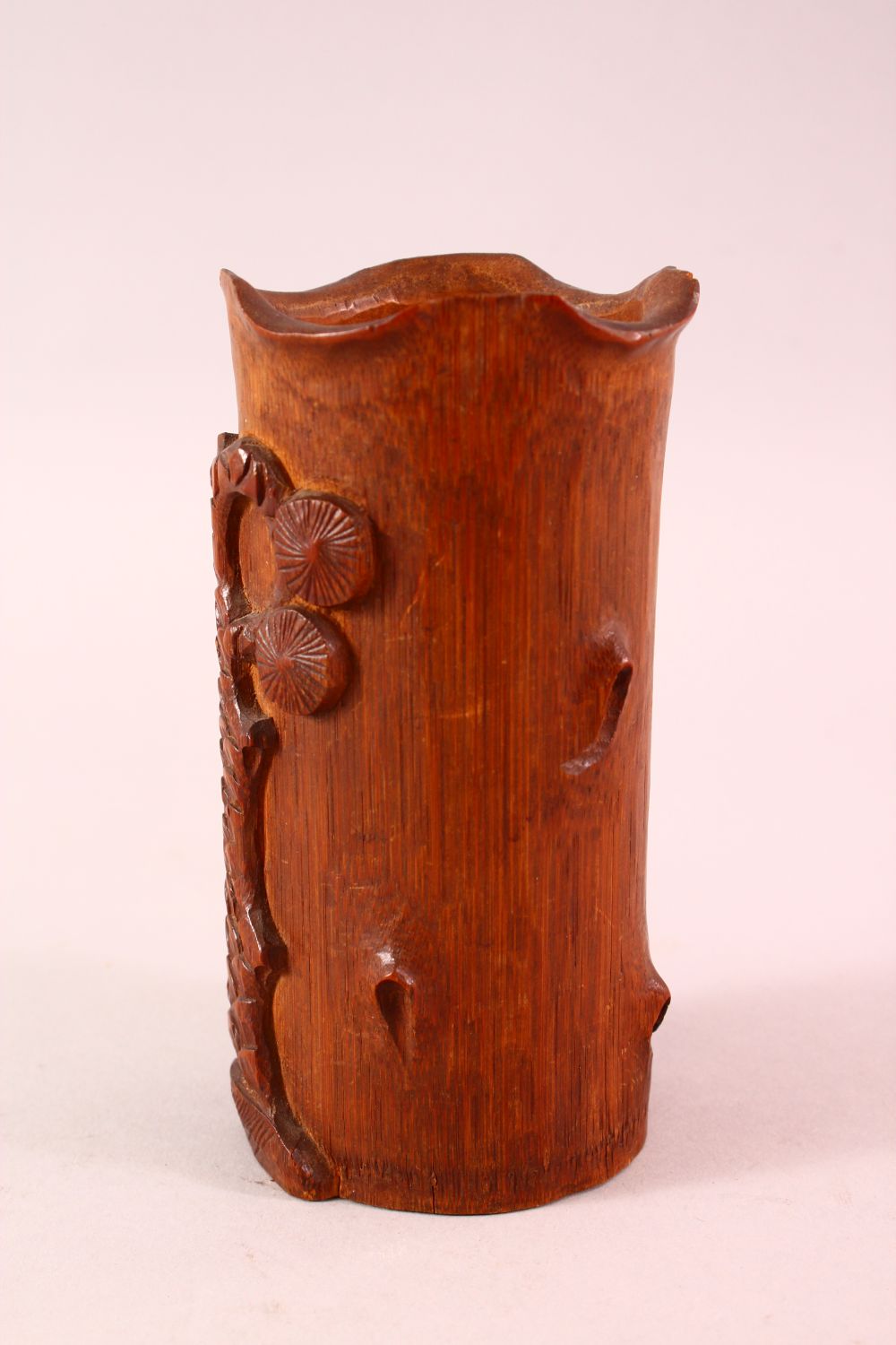 A CHINESE CARVED BAMBOO BRUSH WASH, carved with immortal and pine, 15cm. - Image 4 of 6