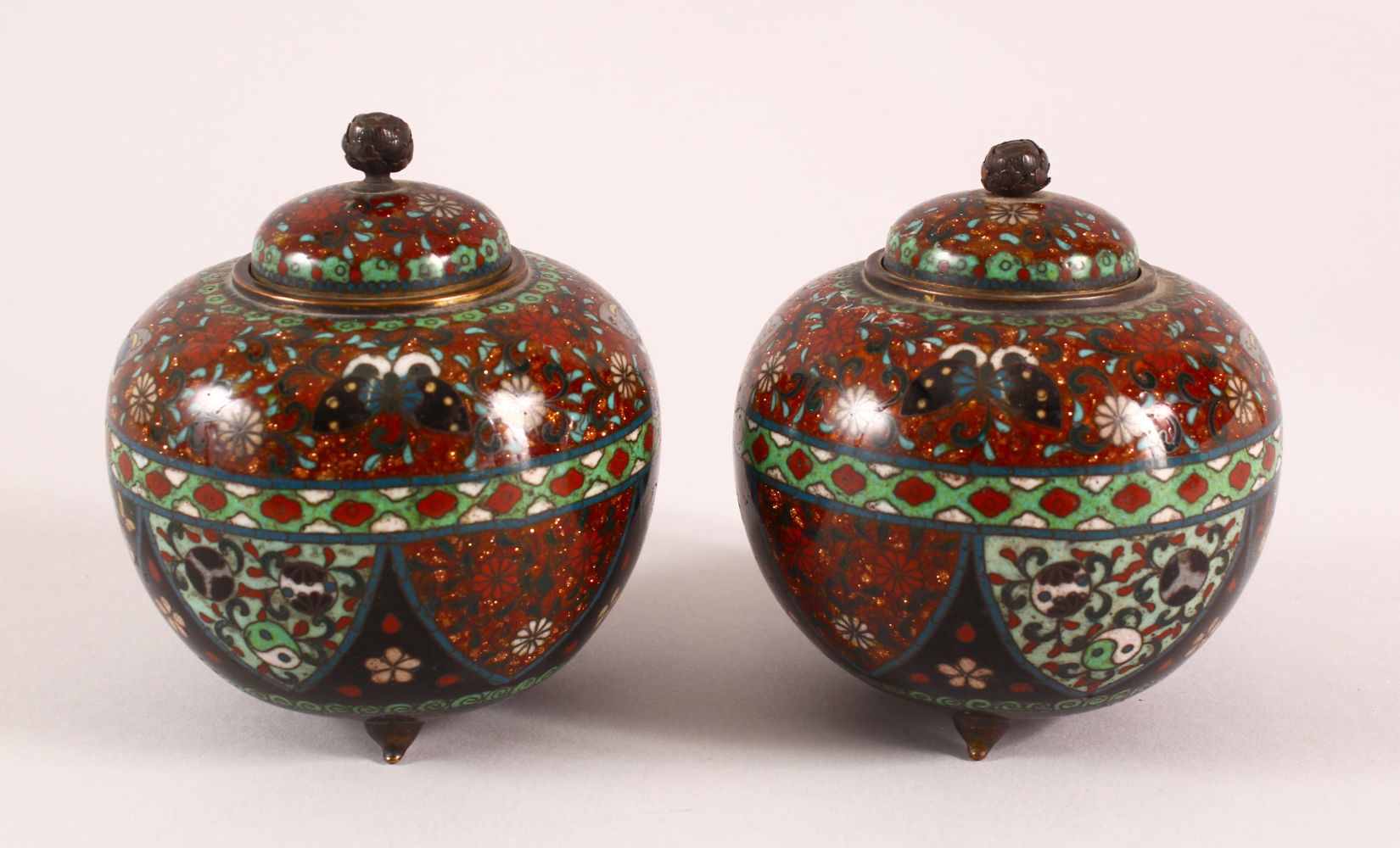 A PAIR OF CLOISONNE BULBOUS KOROS AND COVERS, the shouldered decorated with butterflies and