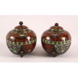 A PAIR OF CLOISONNE BULBOUS KOROS AND COVERS, the shouldered decorated with butterflies and
