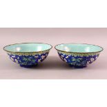 A GOOD PAIR OF CHINESE JIAQING PERIOD CANTON ENAMEL BOWLS, each with turquoise and blue ground
