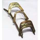 A LATE 19TH CENTURY BRASS, WROUGHT IRON AND WOOD CAMEL SEAT, approx. 138cm long.