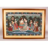 A LARGE INDIAN PAINTING ON SILK, PICHIWA, depicting a blue skin god with female attendants, 106cm