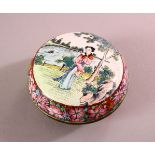 A SMALL 19TH / 20TH CENTURY CHINESE CANTON ENAMEL BOX & COVER, decorated with scenes of figures in