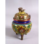 A CHINESE YELLOW GROUND CLOISONNE TRIPOD KORO, with a yellow ground and lotus decoration, with a