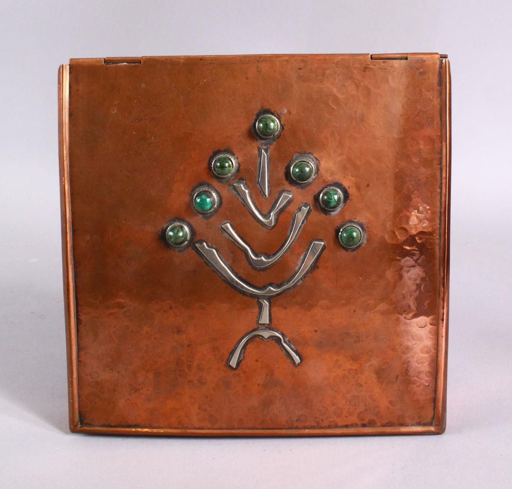 A JEWISH COPPER INLAID SILVER & STONE LIDDED MIRROR BOX, inlaid with silver and semi precious - Image 2 of 4