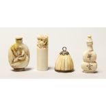 TWO SMALL IVORY SNUFF BOTTLES, together with two other pieces (4).