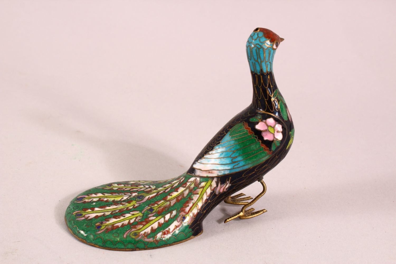 A CHINESE CLOISONNE ENAMEL MODEL OF A PEACOCK, 12cm. - Image 3 of 7