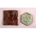 TWO 16TH / 17TH CENTURY POTTERY TILE SECTIONS, one with a turquoise glaze and floral motis moulding,