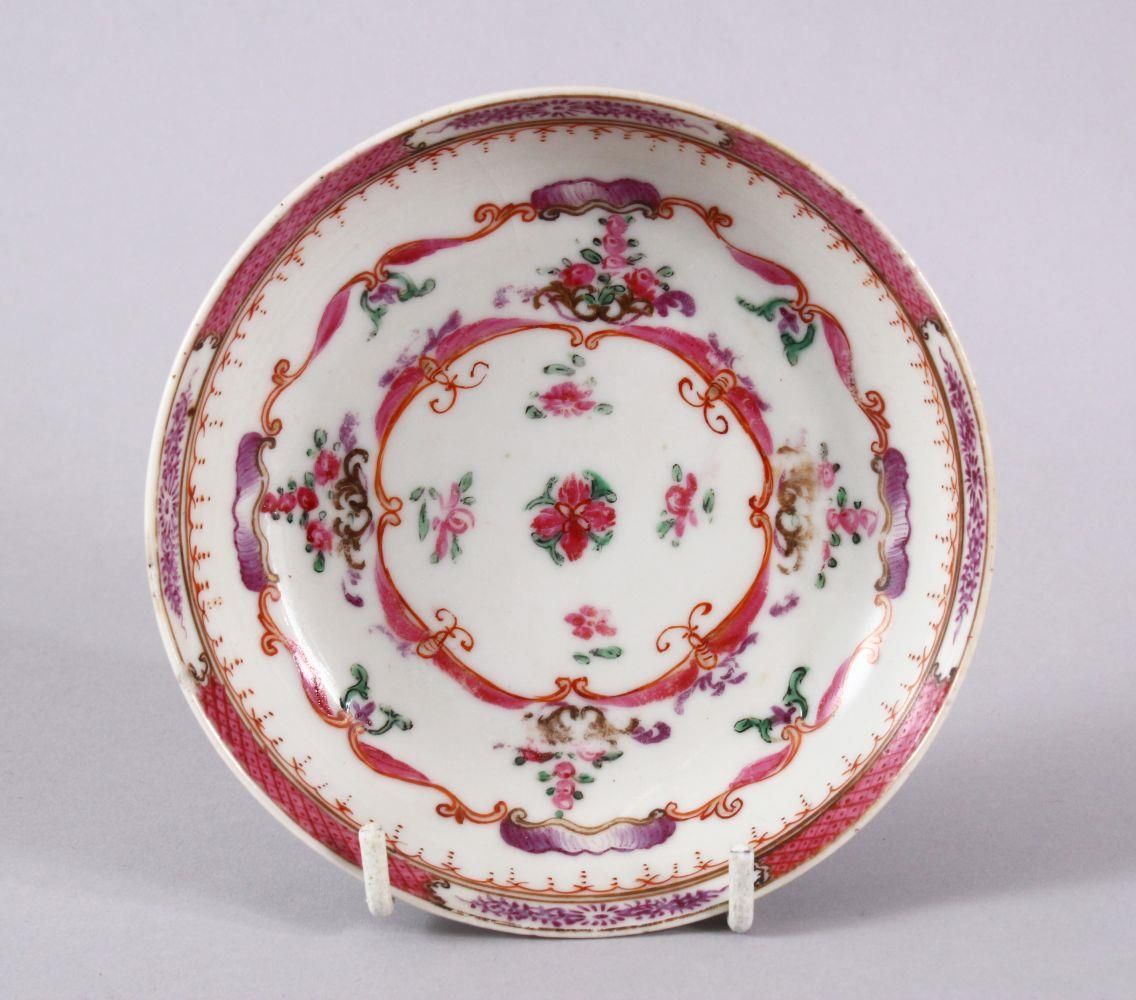 A CHINESE FAMMILE ROSE PORCELAIN SAUCER DISH, decorated with pink border floral decorations, 12cm .