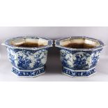 A PAIR OF LARGE CHINESE BLUE & WHITE OCTAGONAL PORCELAIN JARDINIERE / PLANTERS, decorated with