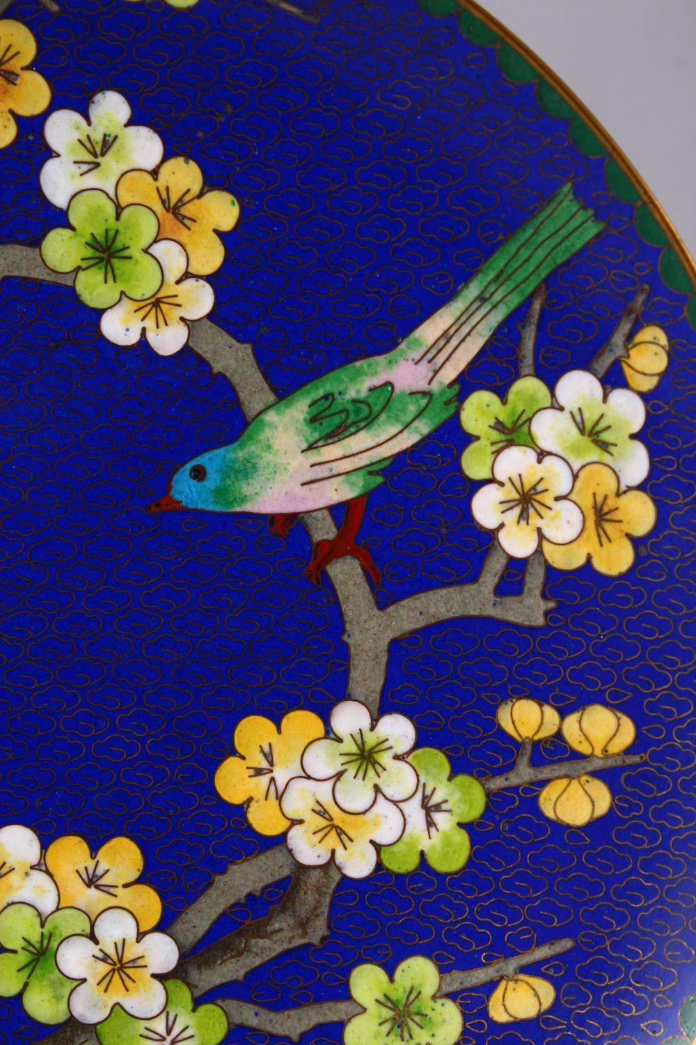 A CHINESE CLOISONNE PLATE & STAND - the dish with a royal blue ground with prunus decoration, 23cm. - Image 3 of 6