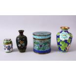 A MIXED LOT OF FOUR CHINESE CLOISONNE VASES / BOX - consisting of a cylindrical lidded blue ground
