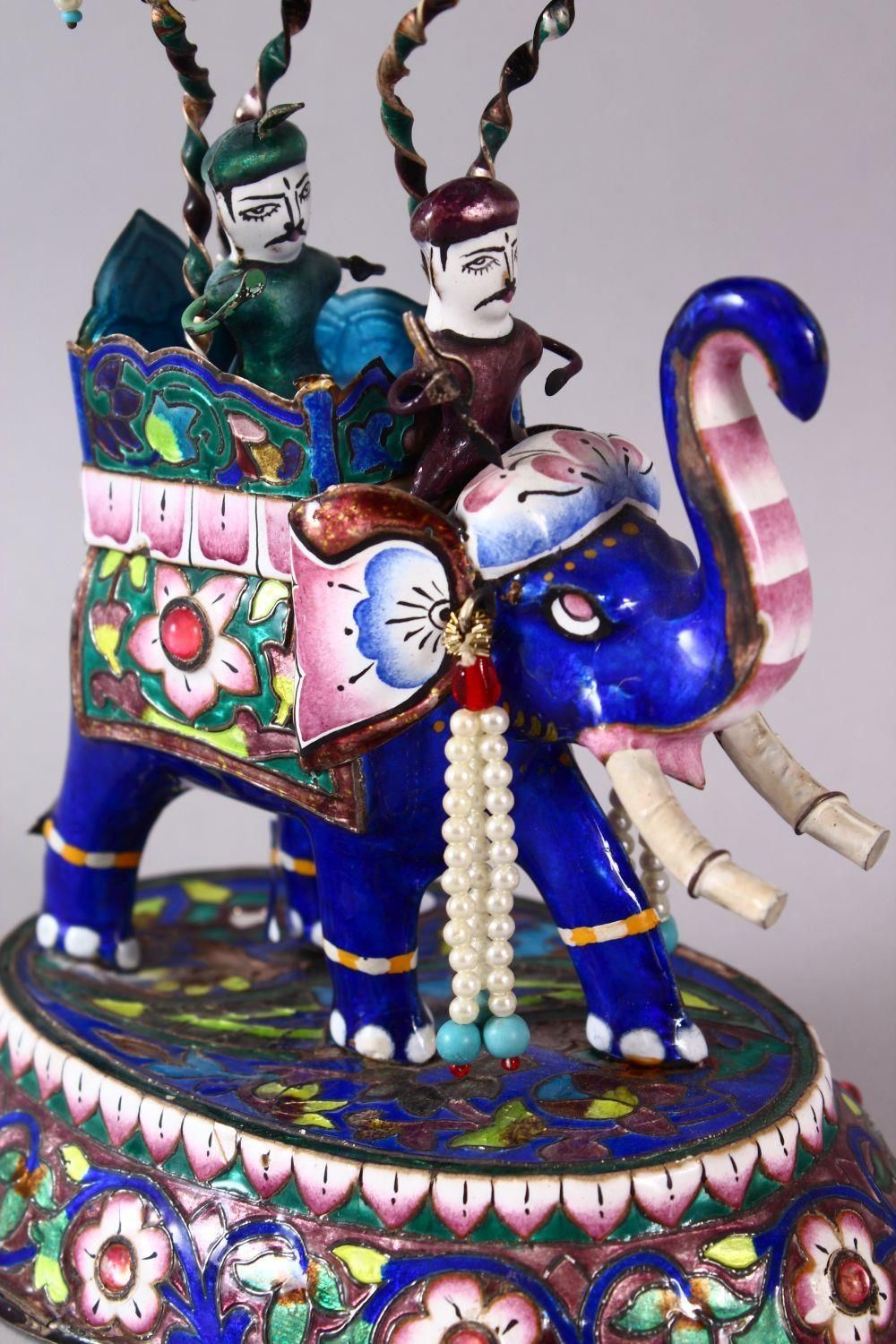 A 19TH / 20TH CENTURY INDIAN SILVER & ENAMEL MODEL OF AN ELEPHANT AND FIGURES, the elephant carrying - Image 2 of 11