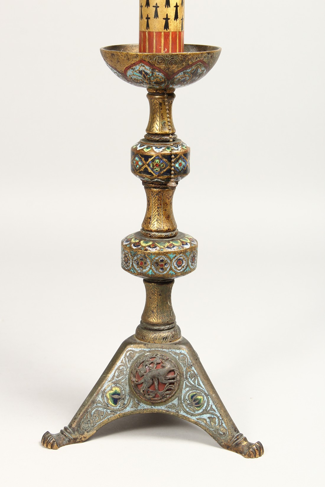 AN EARLY ORIENTAL CHAMPLEVE ENAMEL CANDLESTICK, 12ins high. - Image 2 of 9