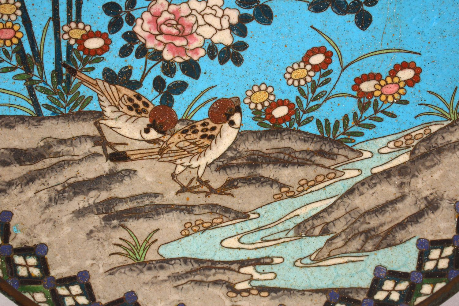 A CLOISONNE CIRCULAR DISH, depicting birds and flowers by a stream, 30cm diameter. - Image 3 of 4