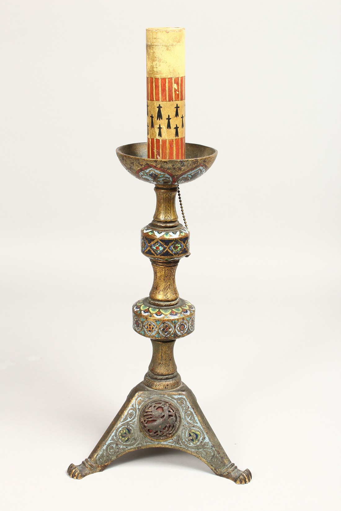 AN EARLY ORIENTAL CHAMPLEVE ENAMEL CANDLESTICK, 12ins high. - Image 4 of 9