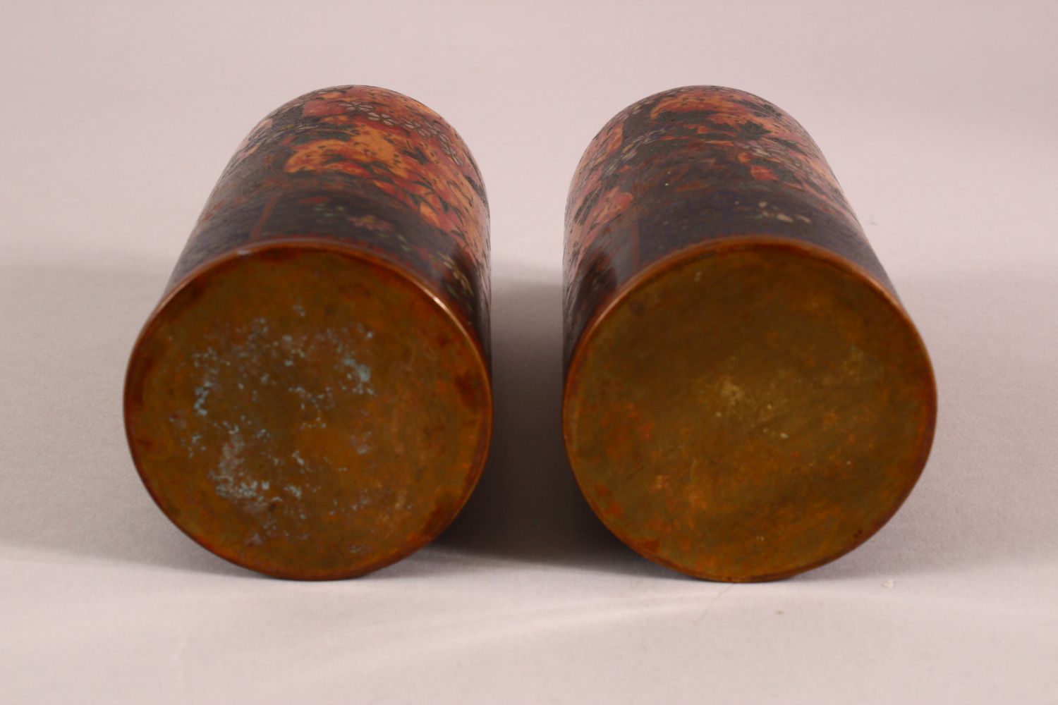 A PAIR OF JAPANESE CLOISONNE VASES OF CYLINDRICAL FORM, gold ground, 15cm high. - Image 5 of 5