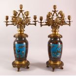 A VERY GOOD PAIR OF JAPANESE CLOISONNE AND ORMOLU NINE LIGHT CANDELABRA, the candle branches