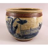 A CHINESE CRACKLE GLAZED UNDERGLAZE BLUE PORCELAIN POT, decorated with children in landscapes,