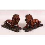 A PAIR OF CHINESE CARVED HARDWOOD LIONS & STANDS, each with inlaid eyes and teeth, 29cm