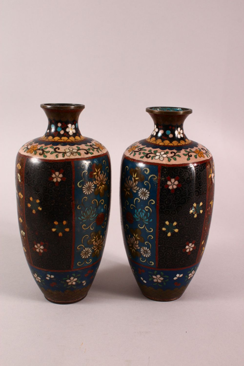 A PAIR OF JAPANESE CLOISONNE VASES, decorated with phoenix, flowers and butterflies, 22cm high. - Image 4 of 6