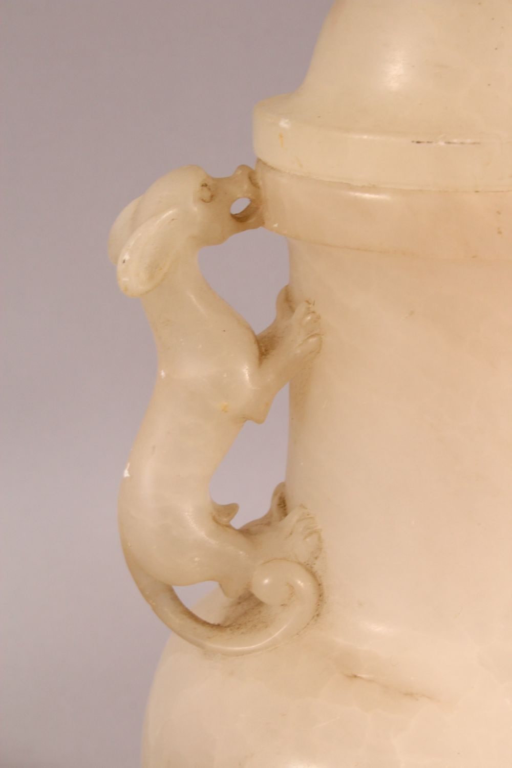 A CHINESE STYLE WHITE ONYX CARVED LIDDED VASE / LAMP, with twin moulded beast handles, overall 26. - Image 3 of 7