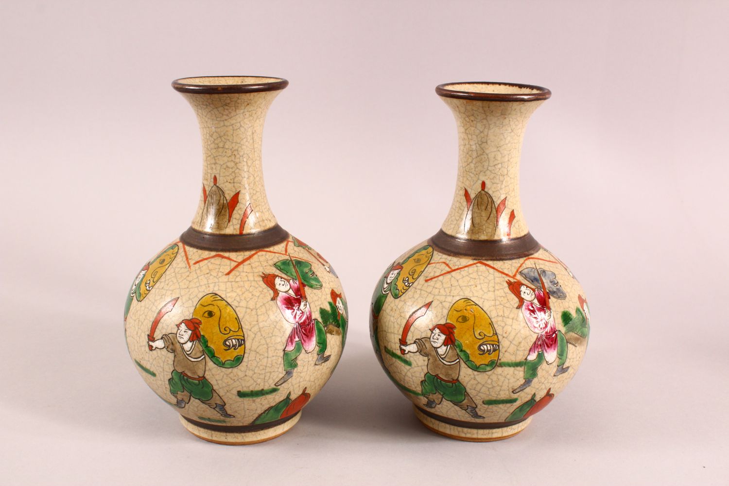 A PAIR OF CHINESE FAMILLE ROSE CRACKLEGLAZE CARNIVAL VASES, the bases with four character marks, - Image 2 of 7